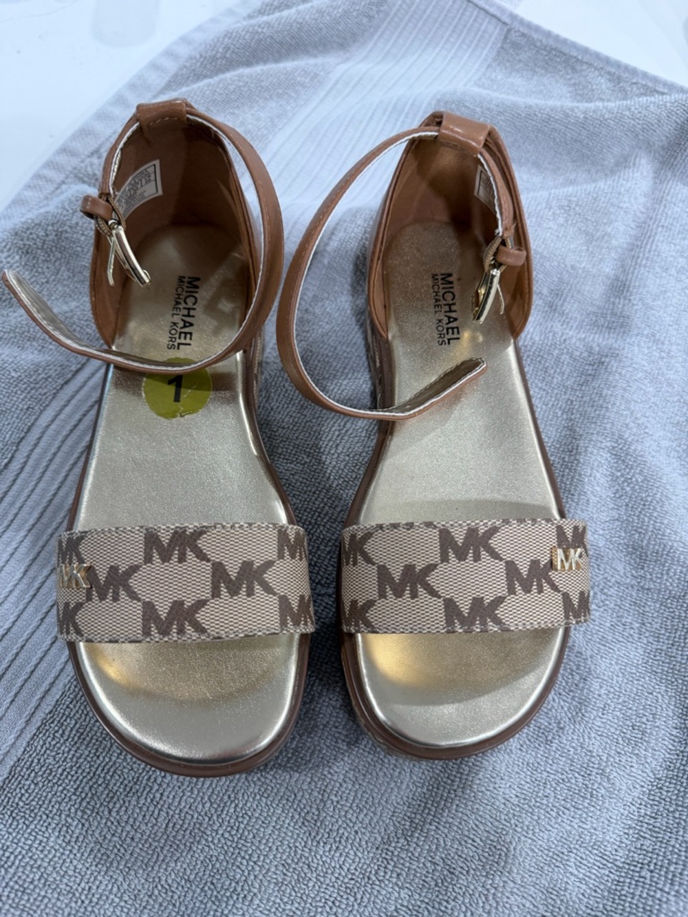Michael Kors Brown and Gold Logo Strap Ankle Sandals